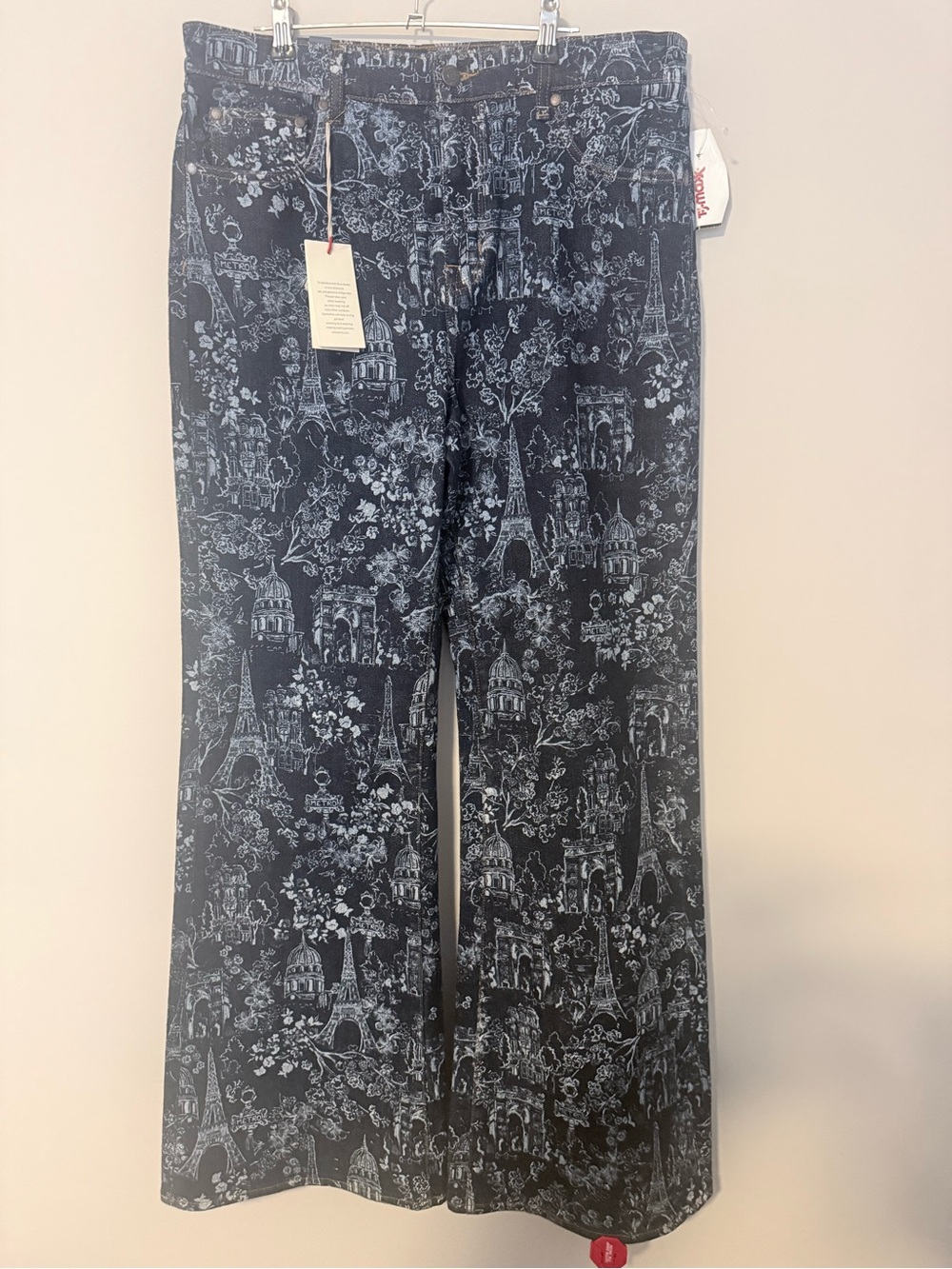 Beautiful Johnny Was wide-leg jeans featuring an intricate Paris-inspired toile